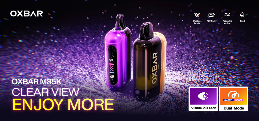 Oxbar M85K 25mL disposable vape with Visible 2.0 chamber, dual modes, 3 wattage levels, 1000mAh battery & bold flavors.