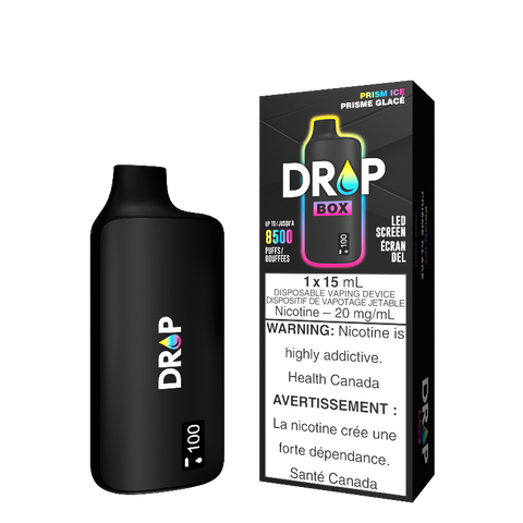 PRISM ICE DROP BOX 8500 PUFF DISPOSABLE VAPE, Meet the DROP BOX Disposable vape, your ultimate on-the-go vaping companion! With an impressive 8500-puff capacity and a substantial 15mL e-liquid tank, this sleek device guarantees a satisfying vaping experience.