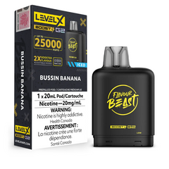 BUSSIN BANANA LEVEL X BOOST POD BOOST FLAVOUR BEAST PODS G2 25K PUFFS ADJUSTABLE MODES PREFILLED