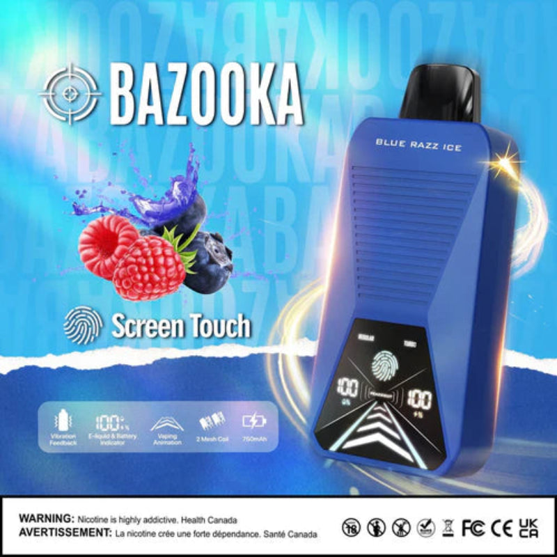 BLUE RAZZ ICE BAZOOKA 33K DISPOSABLE : Featuring 33000 puffs , adjustable mode ,dual mesh coil, touch screen display and vibration feedback. Buy now at MV