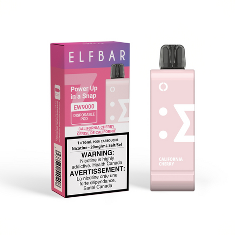 CALIFORNIA CHERRY ELF BAR EW9000 DISPOSABLE POD  Power up in a Snap with the Elfbar EW9000 disposable pod featuring 9000 puffs, 16ml of e-liquid and innovative detachable battery.
