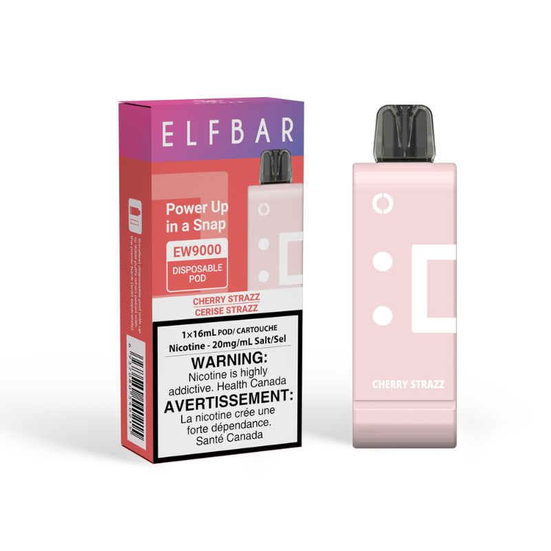 CHERRY STRAZZ ELF BAR EW9000 DISPOSABLE POD  Power up in a Snap with the Elfbar EW9000 disposable pod featuring 9000 puffs, 16ml of e-liquid and innovative detachable battery. Experience the perfect harmony of tart cherries and sweet strawberries, creating a delightful fruity fusion that tantalizes the taste buds with every bite.