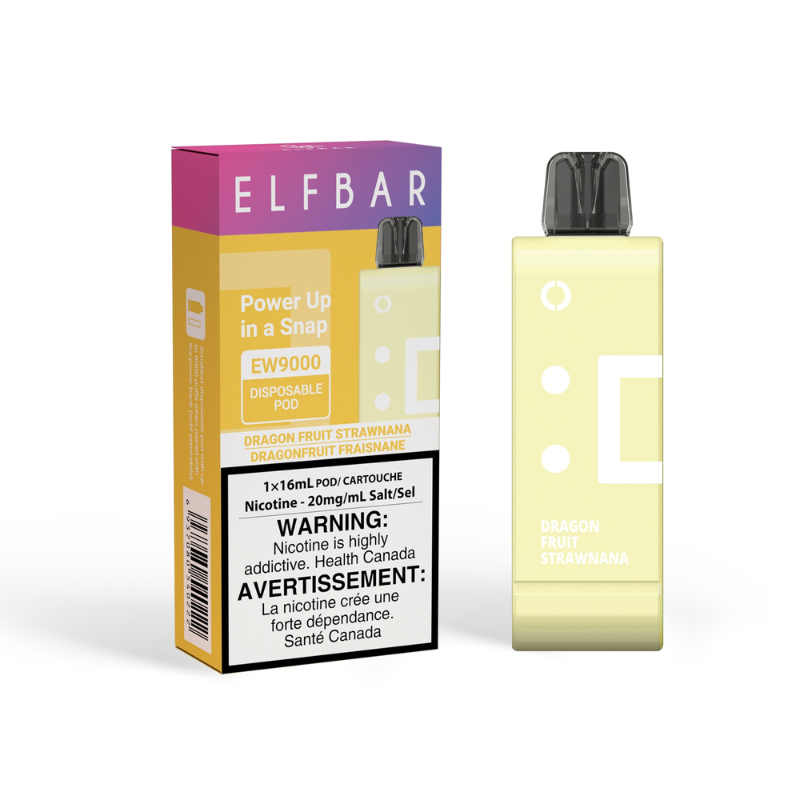 DRAGON FRUIT STRAWNANA ELF BAR EW9000 DISPOSABLE POD  Power up in a Snap with the Elfbar EW9000 disposable pod featuring 9000 puffs, 16ml of e-liquid and innovative detachable battery. A tropical delight with dragon fruit, strawberries, and banana, offering an exotic blend in a tantalizing fusion of flavors.