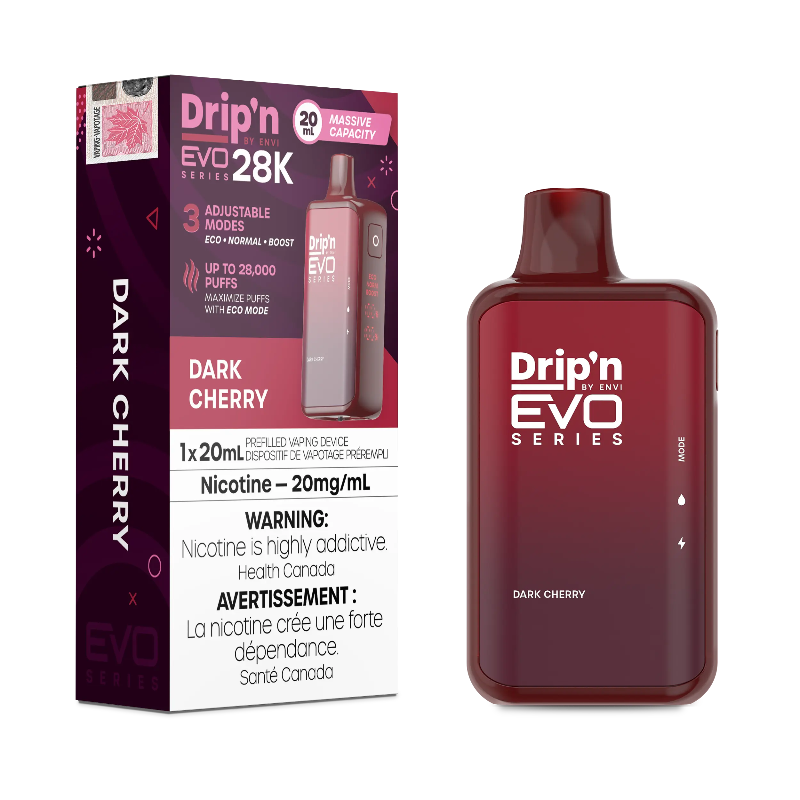 Buy Now ! DRIP'N EVO 28K DARK CHERRY with 28000 puffs ,20ml of e-liquid and rechargeable battery. Order online at MV
