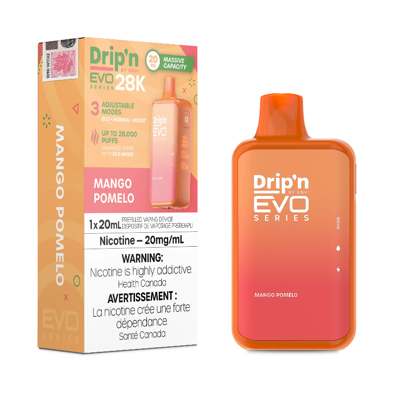 Buy Now ! DRIP'N EVO 28K MANGO POMELO with 28000 puffs ,20ml of e-liquid and rechargeable battery. Order online at MV