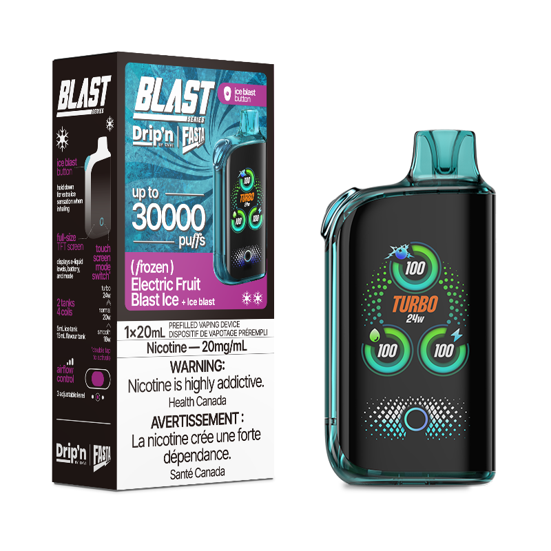 Buy now! Electric Fruit Blast ice Drip'n fasta blast by envi disposable with 30000 puffs and dual mesh coil with 3 power modes. Available online and in store!