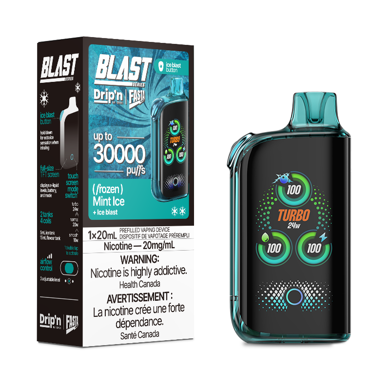 Buy now! Mint ice Drip'n fasta blast by envi disposable with 30000 puffs and ice blast mode. Available online and in store!