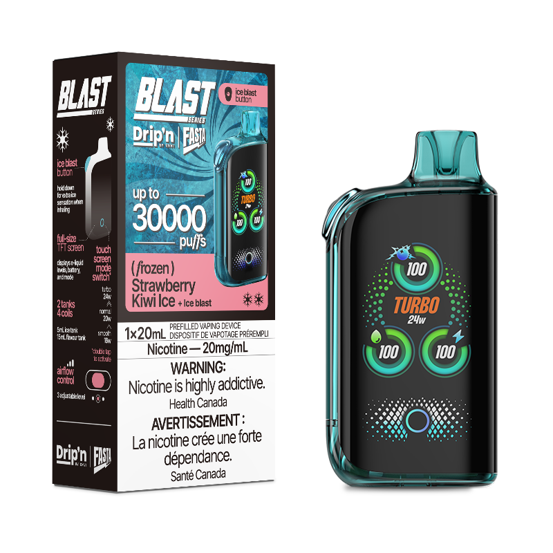 Buy now! Strawberry Kiwi ice Drip'n fasta blast by envi disposable with ice blast mode and touchscreen display. Available online and in store!