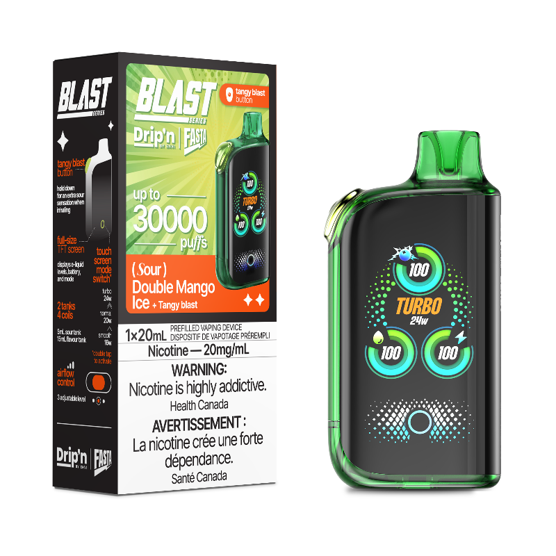 DOUBLE MANGO ICE DRIP'N BY ENVI X FASTA BLAST SOUR SERIES 30K DISPOSABLE VAPE: 30000 puffs, sour blast button, adjustable airflow and power mode, TFT screen and Type-C charging