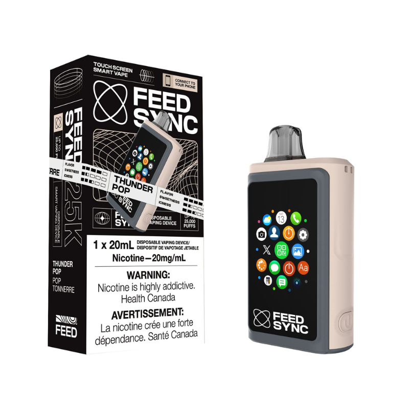Thunder Pop Feed Sync Disposable Vape - 25,000 Puffs Zesty Sprite flavour with a fizzy, refreshing burst. Get ready to elevate your vaping game with the Feed Sync Disposable Vape—the world’s first smart disposable vape that’s packed with jaw-dropping features! This amazing device easily connects to both Android and Apple phones, giving you cool perks like SMS alerts, camera control, call functionality, social media updates, and even gaming. Flavour: 3.5/5 Sweetness: 2/5 Iciness: 3.5/5