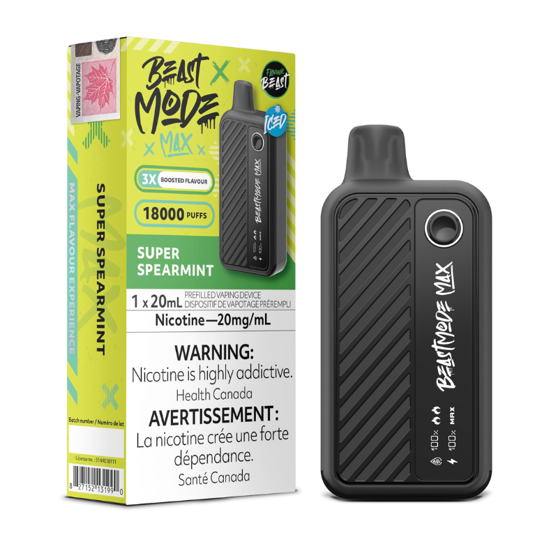 SUPER SPEARMINT FLAVOUR BEAST BEAST MODE MAX - 18,000 PUFFS 20mL e-liquid, 850mAh rechargeable battery, Battery and E-liquid Display 3 Modes: Standard (18K), Beast (15K), MAX (12K)