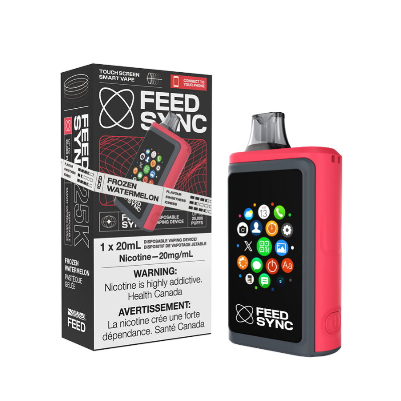Frozen Watermelon Feed Sync Disposable Vape - 25,000 Puffs Savor the cool, refreshing blast of icy watermelon. Get ready to elevate your vaping game with the Feed Sync Disposable Vape—the world’s first smart disposable vape that’s packed with jaw-dropping features! This amazing device easily connects to both Android and Apple phones, giving you cool perks like SMS alerts, camera control, call functionality, social media updates, and even gaming.