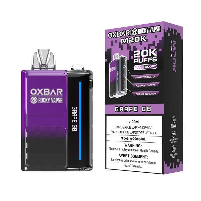 GRAPE GB OXBAR DISPOSABLE VAPE - 20000 PUFFs 20ML e-liquid, 20MG nicotine, 20000 puffs, Boost Mode 12W to 28W, 900 mAh rechargeable battery, a mega display screen.