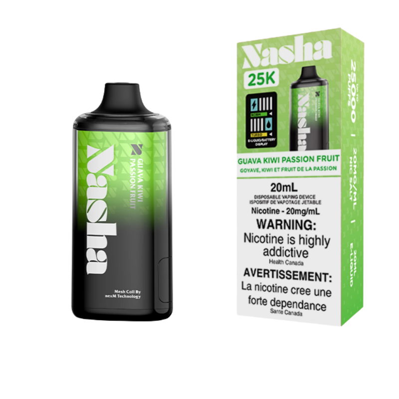 Guava Kiwi Passionfruit NASHA 25K DISPOSABLE VAPE: 25000 puffs, OLED screen displaying battery and e-liquid indicator and Type-C Charging. BUY NOW AT MV