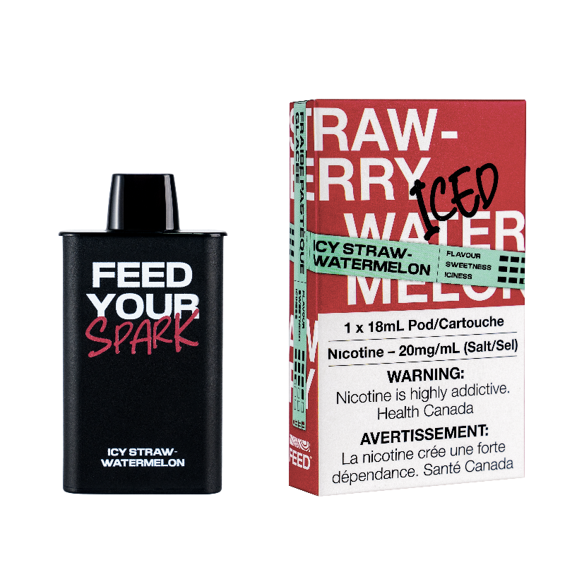 ICY-STRAW WATERMELON FEED POD (9000 PUFFs) This tantalizing blend combines the sweet, juicy essence of ripe strawberries and succulent watermelon, perfectly balanced with a cool, invigorating menthol finish
