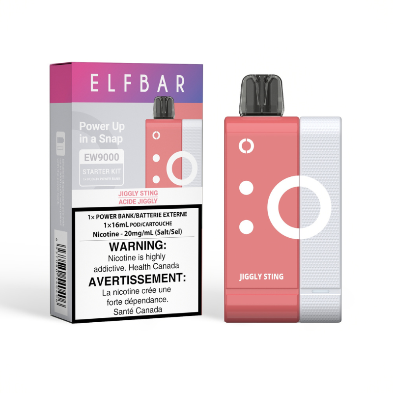 JIGGLY STING ELF BAR EW9000 STARTER KIT Introducing the Elf Bar EW9000 Disposable Pod, your portal to cutting-edge vaping advancements. Dive into a vape device that seamlessly clicks together, thanks to its magnetic design, effortlessly linking the power bank and disposable pod. Savor the tangy delight of sour gummy goodness, balanced with a touch of sweetness, for a tantalizing taste experience.