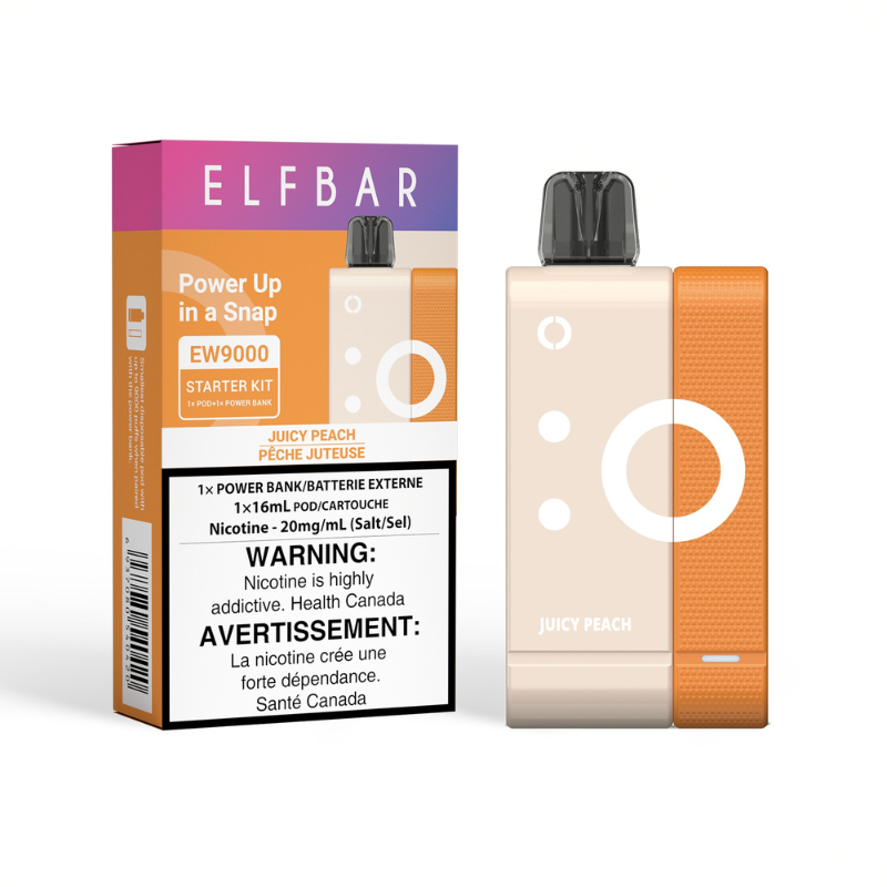 JUICY PEACH ELF BAR EW9000 STARTER KIT: A cutting-edge disposable pod device with magnetic design, seamlessly linking power bank and pod for effortless vaping. Power up in a snap!