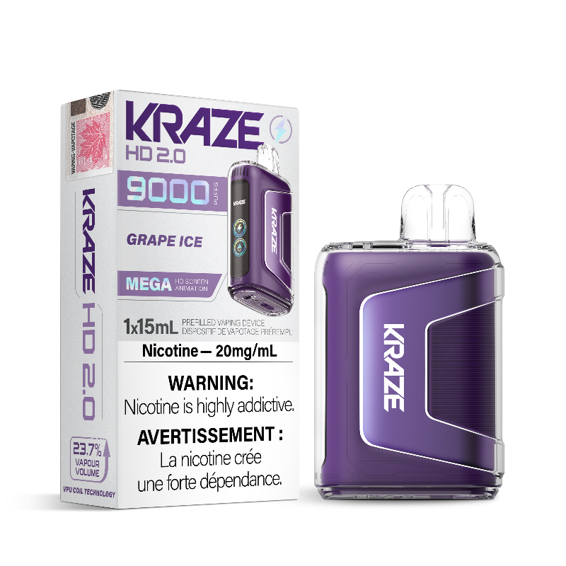 GRAPE ICE KRAZE HD 2.0 DISPOSABLE VAPE (9000 PUFFs) Grape Ice delivers a delightful fusion of sweet and juicy grapes, perfectly balanced with a refreshing blast of icy coolness.
