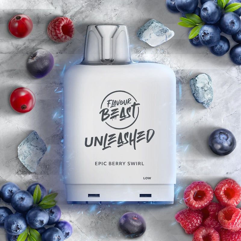 BERRY SWIRL ICED EPIC LEVEL X BOOST PODS Delightful fusion of vibrant berries, offering the essence of ripe blueberries, acai, blackberries, raspberries, and red currants in a captivating swirl.