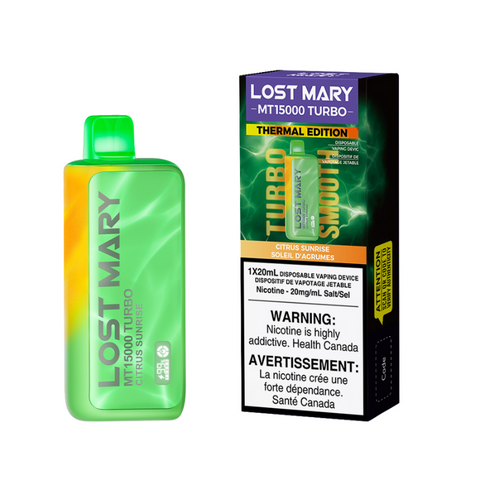 CITRUS SUNRISE LOST MARY MT15K TURBO DISPOSABLE VAPE (15000 PUFFS) Thermal Edition - 16ml e-liquid, 11 watts Smooth Mode, 22 watts Turbo Mode, USB-C charging, LED screen monitoring e-liquid and battery life, Dual Mesh Coil