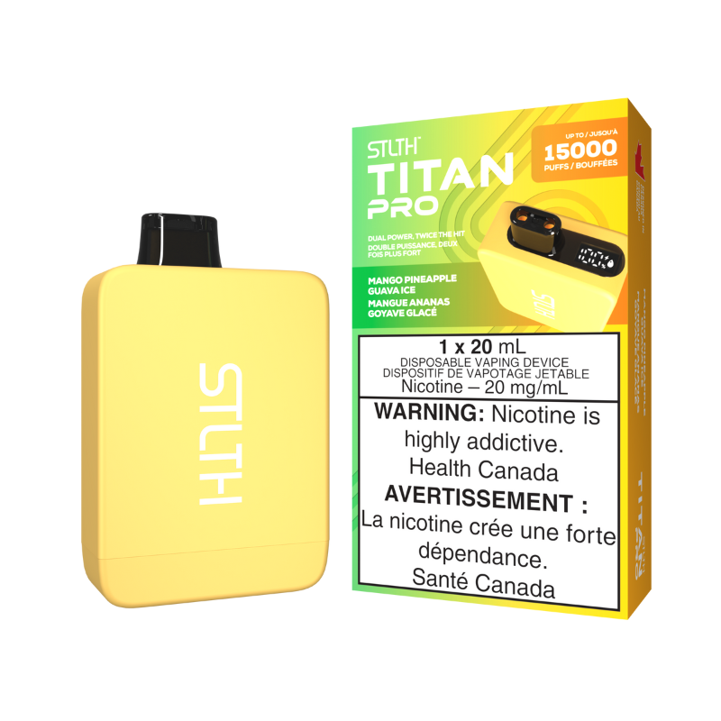 MANGO PINEAPPLE GUAVA ICE STLTH TITAN PRO (15k) DISPOSABLE VAPE Step into the otherworldly realm of the Stealth Titan 10k Disposable Vape—where power and performance come together to form vaping greatness! Packed with 19mL of eJuice, a 900mAh rechargeable battery, and 10,000 puffs of endurance,