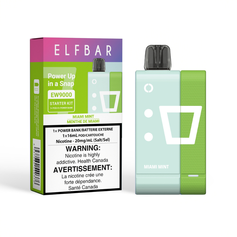 MIAMI MINT ELF BAR EW9000 STARTER KIT: A cutting-edge disposable pod device with magnetic design, seamlessly linking power bank and pod for effortless vaping. Power up in a snap!