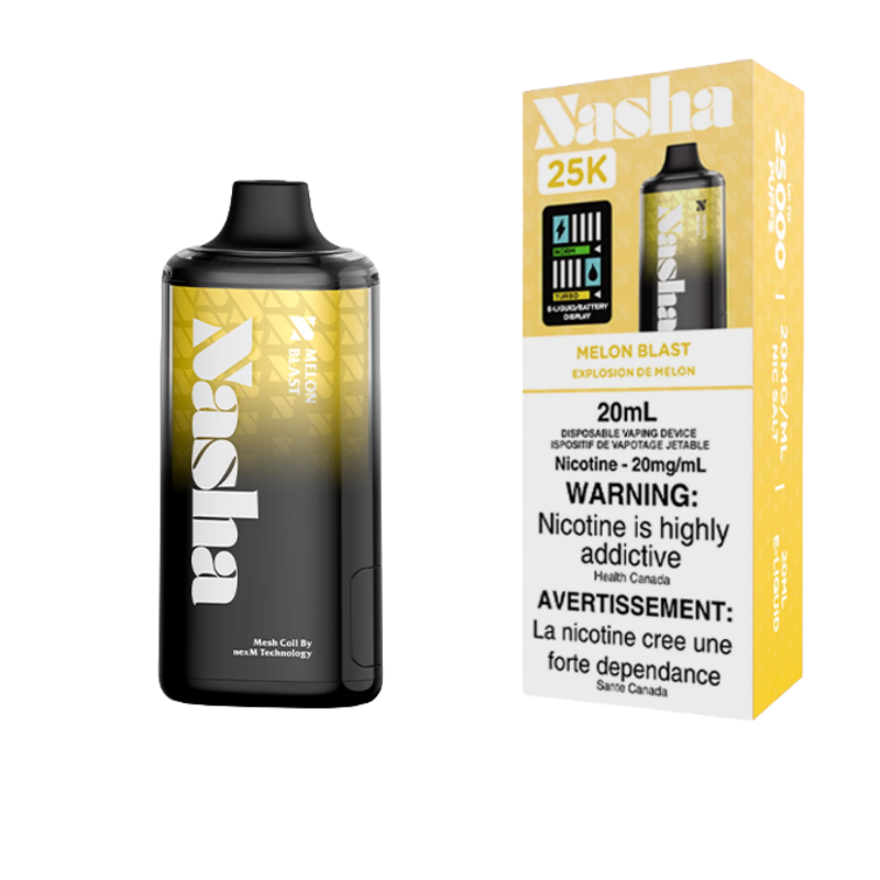 MELON BLAST NASHA 25K DISPOSABLE VAPE: 25000 puffs, OLED screen displaying battery and e-liquid indicator and Type-C Charging. BUY NOW AT MV