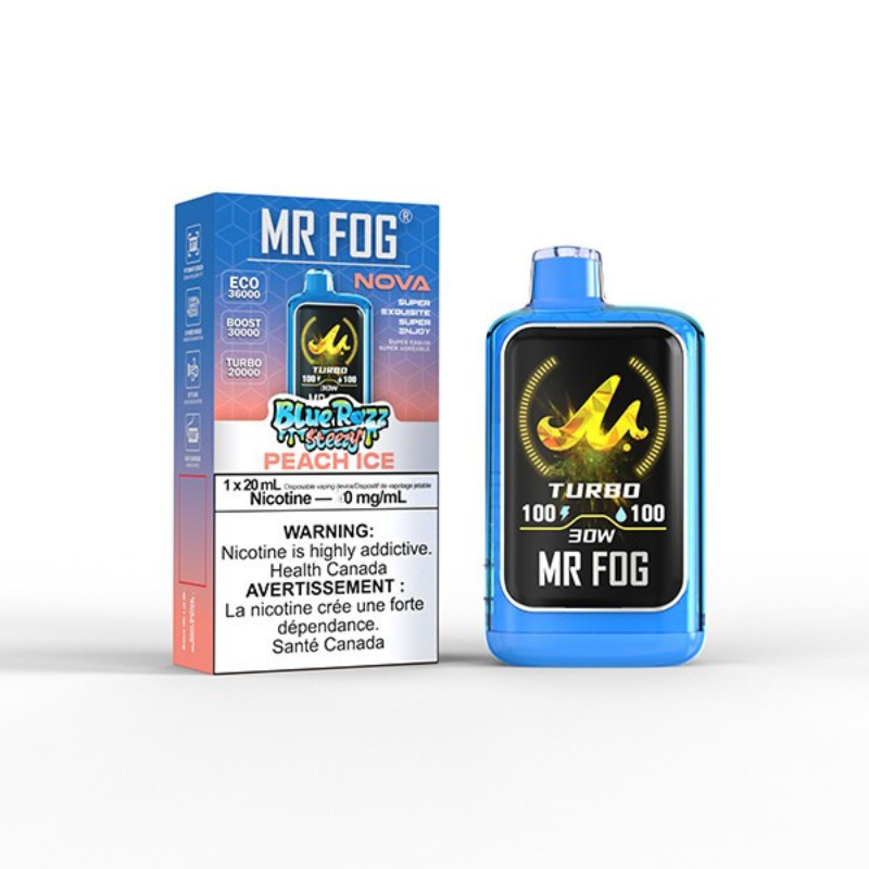 JUST IN! Nicotine free Mr Fog Nova Blue Razz Peach Ice 36000 Puffs disposable vape with type-c charging and 3 power modes. Buy now at mister vapor.
