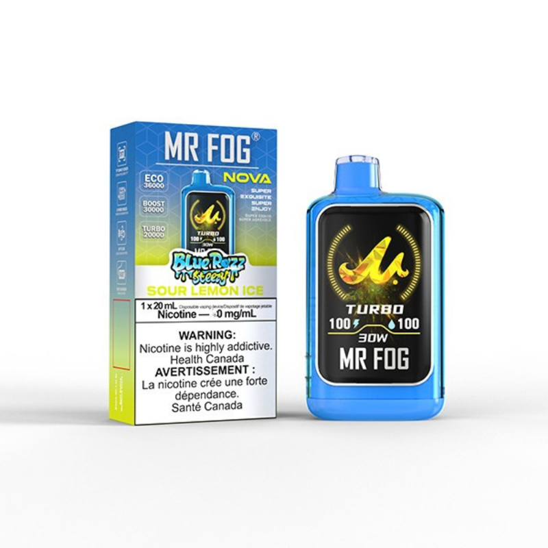 JUST IN! Nicotine free Mr Fog Nova Blue Razz Sour Lemon Ice 36000 Puffs disposable vape with type-c charging and 3 power modes. Buy now at mister vapor.