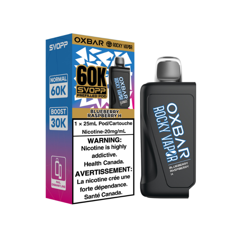 Experience Blueberry Raspberry H Oxbar SVOPP 60K Pod—available across Quebec, Nova Scotia & Alberta. 60,000 puffs, dual mesh coil, 25mL, and adjustable airflow.