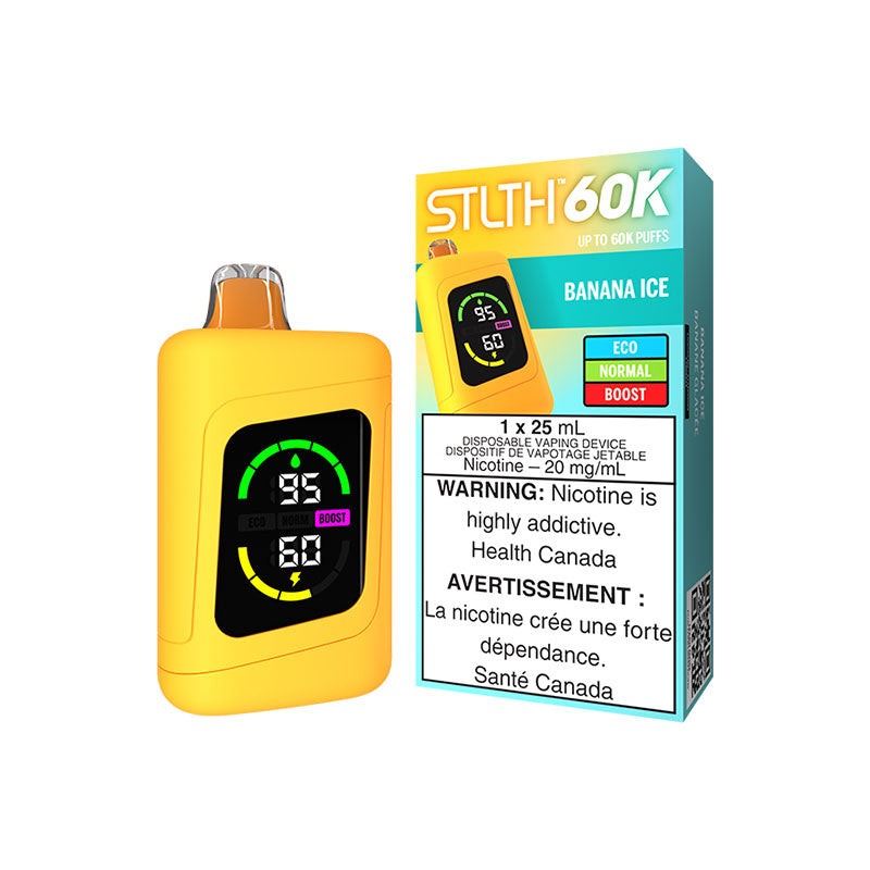 Banana Ice STLTH 60K Disposable Vape delivers 60,000 puffs of smooth, creamy banana flavor, chilled with a refreshing icy finish, powered by a massive 25mL e-liquid capacity.