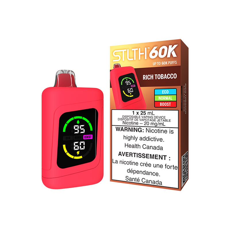 Rich Tobacco STLTH 60K Disposable Vape delivers 60,000 puffs of smooth, full-bodied tobacco flavor with a robust, authentic taste in every inhale, powered by a massive 25mL e-liquid capacity.