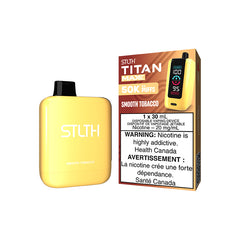 Smooth Tobacco STLTH TITAN MAX: 50,000 puffs, 30ML of tobacco flavour, quad mesh coils, 1000mAh rechargeable battery. Experience epic endurance & satisfaction!