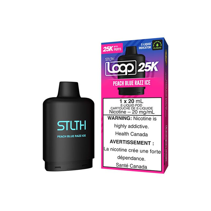 PEACH BLUE RAZZ ICE STLTH LOOP 25K Pods: Enjoy 25,000 puffs of juicy peach, blue raspberry, and icy coolness. Long-lasting, eco-friendly vaping with STLTH's latest innovation!