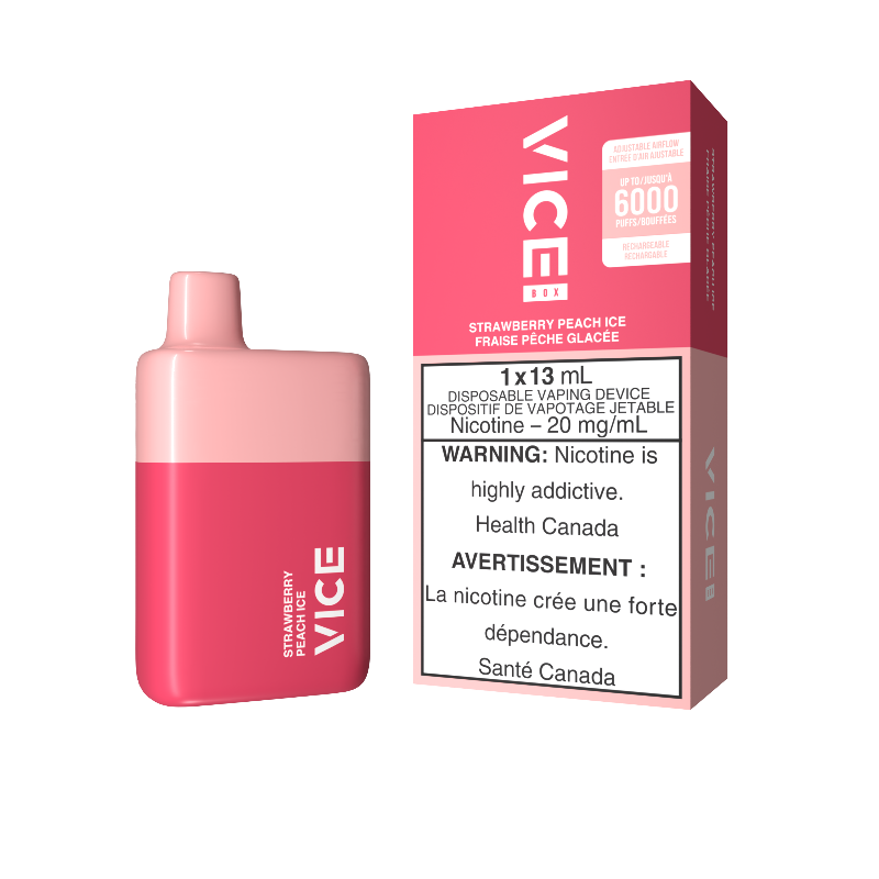 One of the best line up STRAWBERRY PEACH ICE Vice box (6000 puffs)rechargeable disposable. The all new Vice box 6000 puffs has arrived. With the same great flavour as the original Vice 2500 but with more puffs and is rechargeable!.