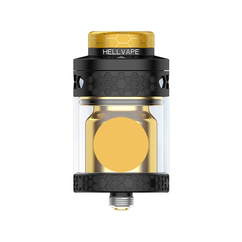 Hellvape vaping device with gold and black design on a white background