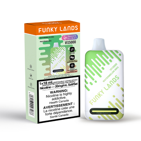 WATERMELON BBG FUNKY LANDS Vi15000 PUFFs DISPOSABLE VAPE This blend offers a refreshing burst of juicy watermelon flavor, Its delightful taste is accompanied by undertones of bbg, the Funky Lands Vi15000 Rechargeable Disposable Vape, offering 15K puffs. The Funky Lands 15000 features Turbo mode for enhanced vape output.