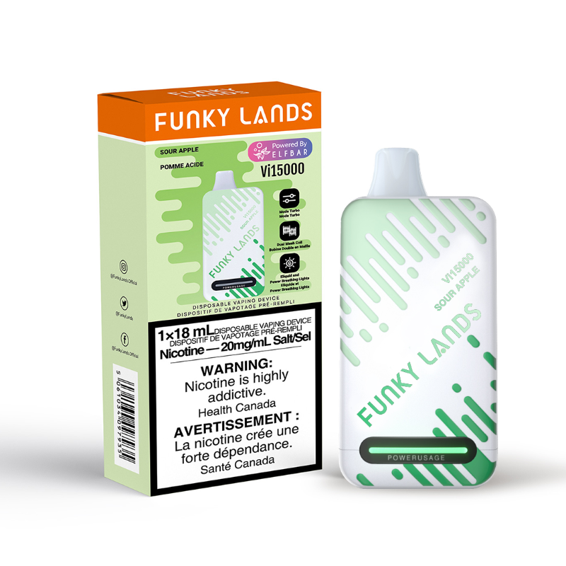 SOUR APPLE FUNKY LANDS Vi15000 PUFFs DISPOSABLE VAPE Each puff bursts with a crisp and refreshing apple flavor, balanced perfectly with tartness to tantalize your taste buds, the Funky Lands Vi15000 Rechargeable Disposable Vape, offering 15K puffs. The Funky Lands 15000 features Turbo mode for enhanced vape output.