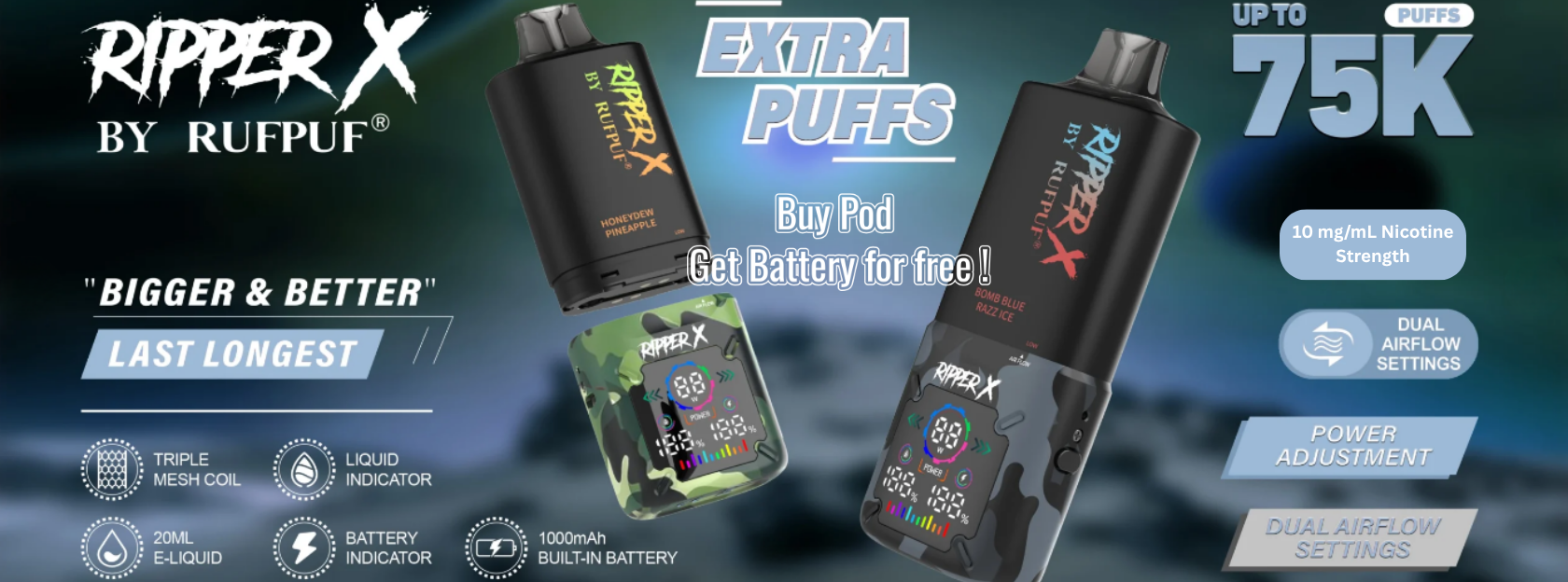 Promotional graphic for Ripper X by Rufput, featuring vape devices and text about product features.