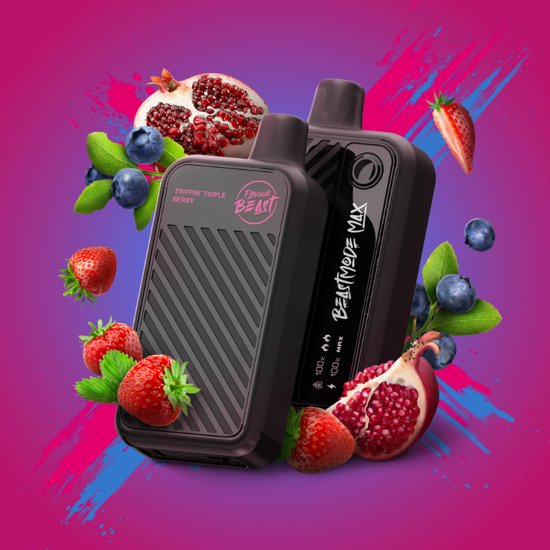 TRIPPIN' TRIPLE BERRY FLAVOUR BEAST BEAST MODE MAX - 18,000 PUFFS 20mL e-liquid, 850mAh rechargeable battery, Battery and E-liquid Display  3 Modes: Standard (18K), Beast (15K), MAX (12K)