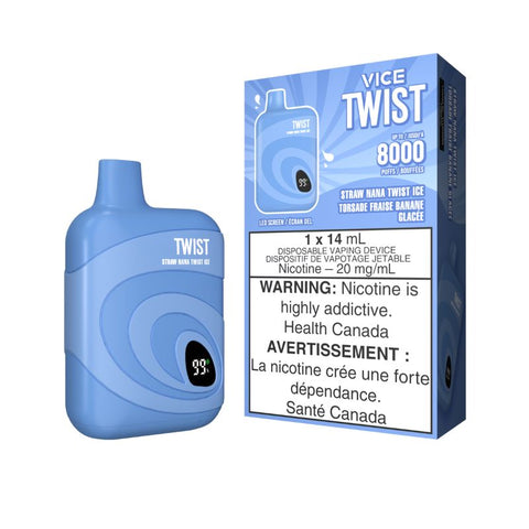 BEST VICE TWIST (8000 PUFFs) STRAW NANA TWIST ICE DISPOSABLE VAPE MISTER VAPOR Same-day and next day delivery within the zone and express shipping GTA, Aurora, Saguenay, Laval, Gatineau, Longueuil, Sherbrooke, Lévis, Scarborough, Brampton, Etobicoke, Vancouver, Québec,