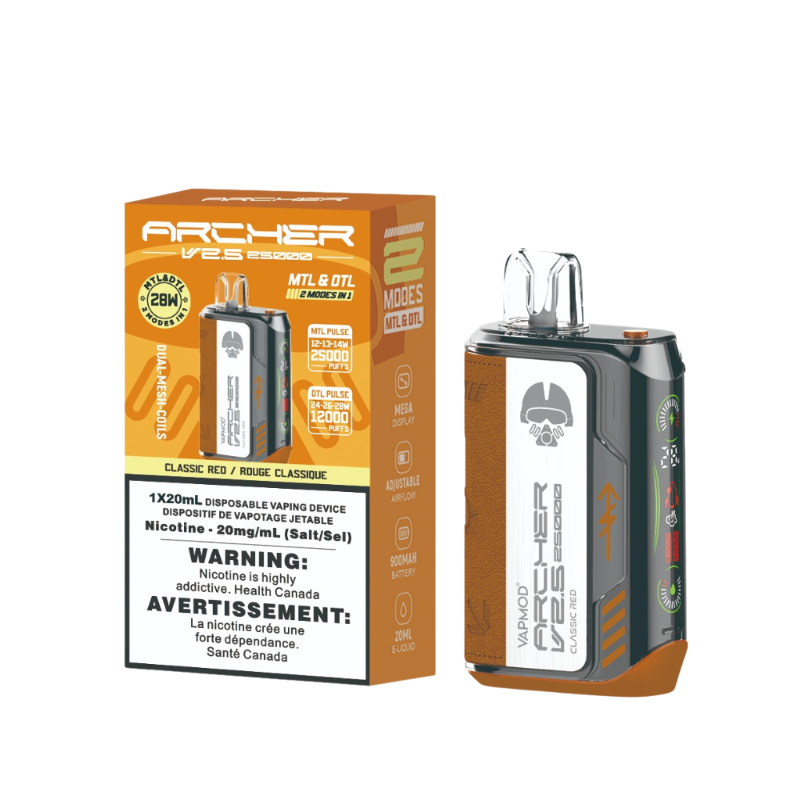 #1 RATED ARCHER VAPMOD 25k CLASSIC RED DISPOSABLE VAPE MISTER VAPOR CANADA, ONTARIO, QUEBEC, ALBERTA, MANITOBA, B.C PEI, NOVA SOCITA, HALIFAX