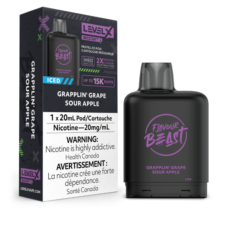 GRAPPLIN' GRAPE SOUR APPLE ICED LEVEL X BOOST PODS Feel the exciting mix of sour green apples and juicy grapes, made even better by a cool, icy burst. Free delivery same day