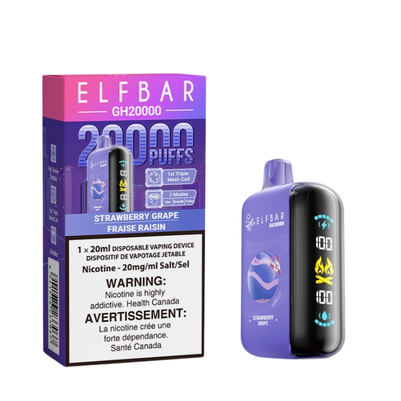 AVAILABLE ELF BAR STRAWBERRY GRAPE GK20k DISPOSABLE VAPE A blend of juicy strawberries and sweet, tangy grapes, creating a perfect harmony. Explore Elf Bar ground breaking new product, the Elf Bar GH20k. 