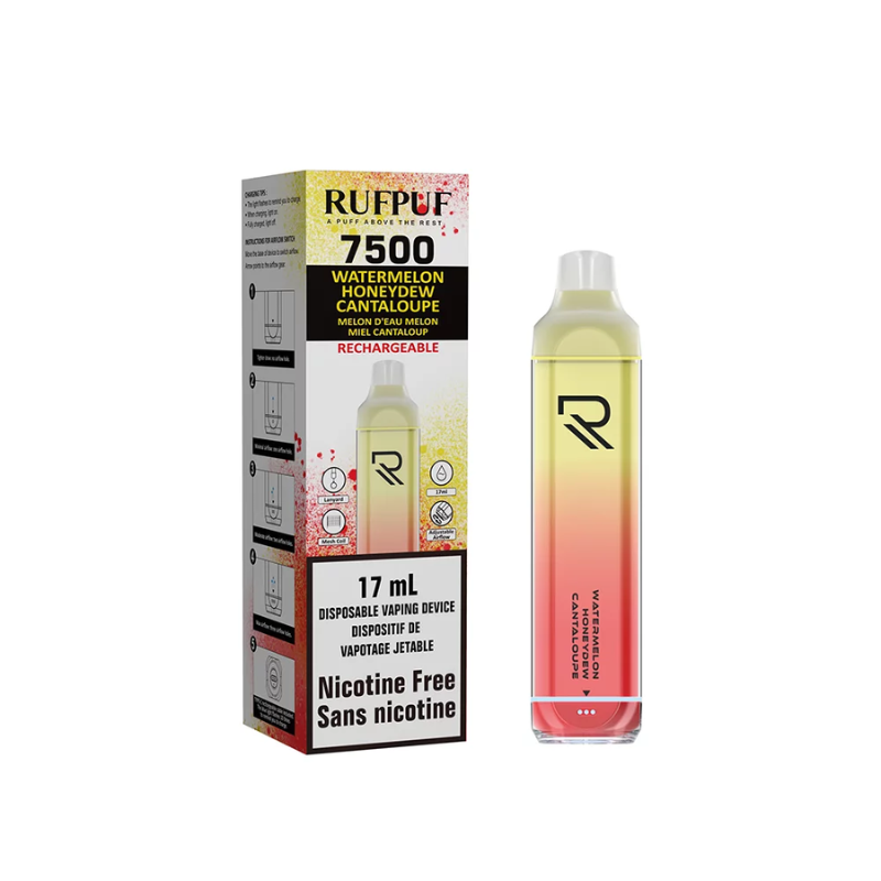 TOP RANKED RUFPUF  WATERMELON HONEYDEW CANTALOUPE NICOTINE FREE DISPOSABLE VAPE (7500 PUFFS) MISTER VAPOR CANADA