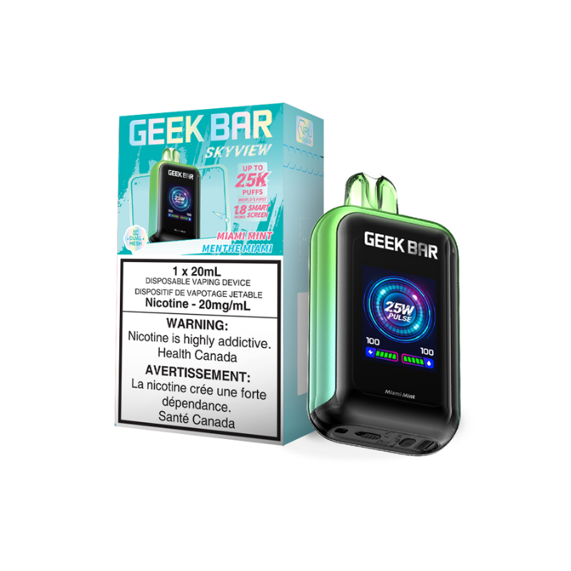 MIAMI MINT GEEK BAR SKYVIEW 25K DISPOSABLE VAPE With each puff, experience a crisp blend of minty freshness that invigorates the senses and leaves a lingering sweetness on your palate. Perfect for those seeking a revitalizing vaping experience. Try today at a vape shop near me with same day delivery mistervapor.ca