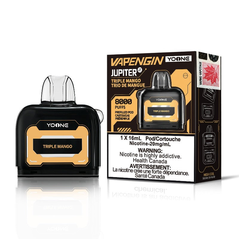 GRAB ! TRIPLE MANGO VAPENGIN YOONE DISPOSABLE POD With a tantalizing blend of three luscious mango varieties, each puff delivers a symphony of sweet, juicy goodness. Introducing Yoone's Vapengin disposable pods – Small yet mighty, this pod offers an impressive 8000 puffs, perfect for vaping on the fly.