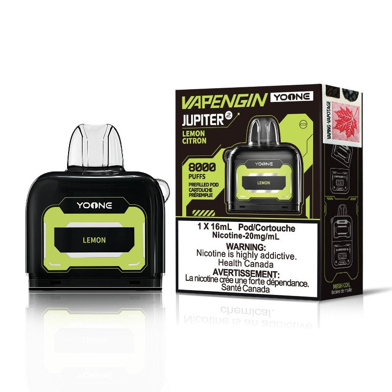 GRAB ! LEMON VAPENGIN YOONE DISPOSABLE POD Experience the zesty tang of freshly squeezed lemon in every puff of our Lemon disposable vape pod. Introducing Yoone's Vapengin disposable pods – Small yet mighty, this pod offers an impressive 8000 puffs, perfect for vaping on the fly.
