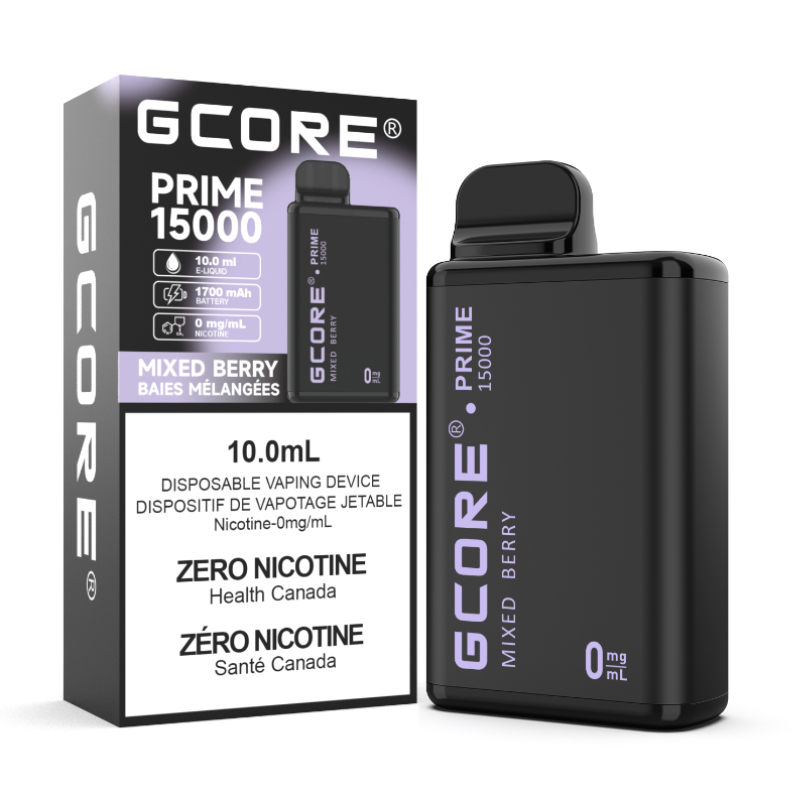 Enjoy a refreshing blend of sweet and tangy berries in every puff with Gcore Prime Mixed Berry Nicotine-free, 15,000 puffs – the perfect vape for fruity flavor lovers.