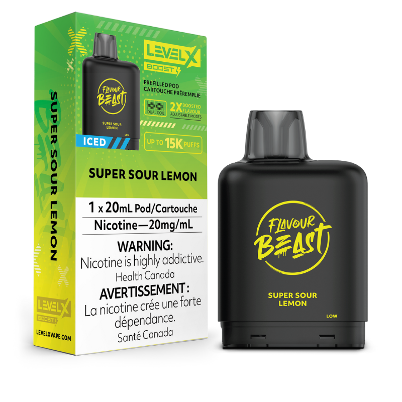 SUPER SOUR LEMON ICED LEVEL X BOOST PODS Enjoy the refreshing, tangy taste of lemon, with a sharp sour twist, served over ice for an exciting vaping experience.